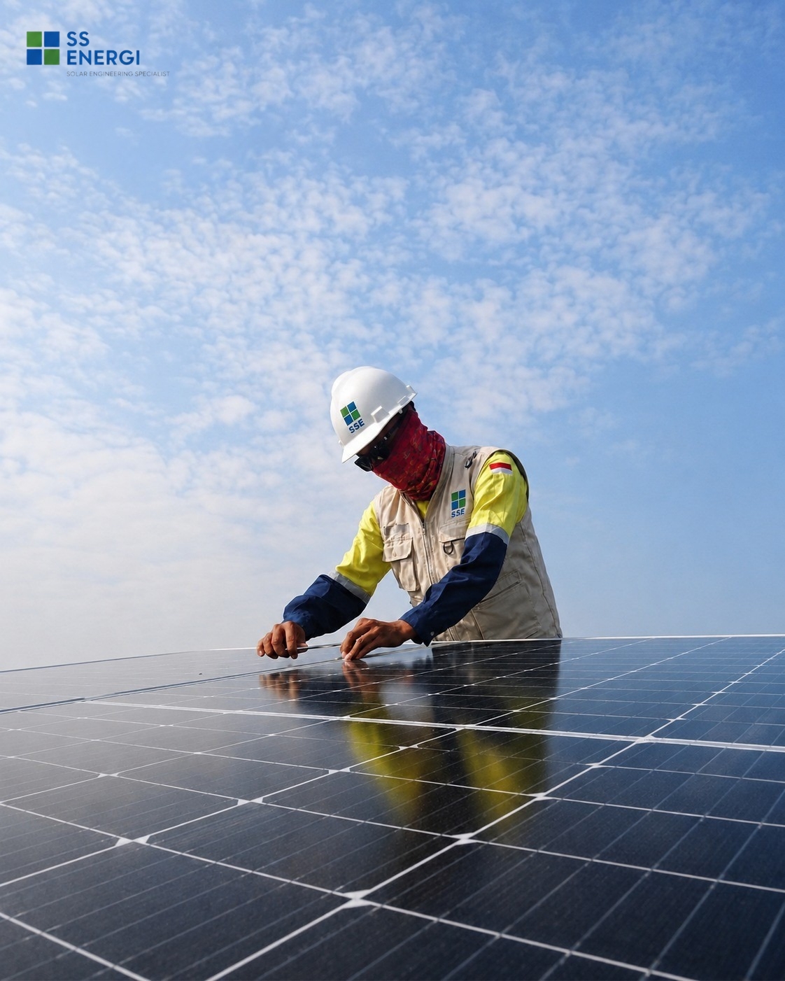 Teknisi SS Energi sedang memasang panel solar panel rumah atap genteng jakarta