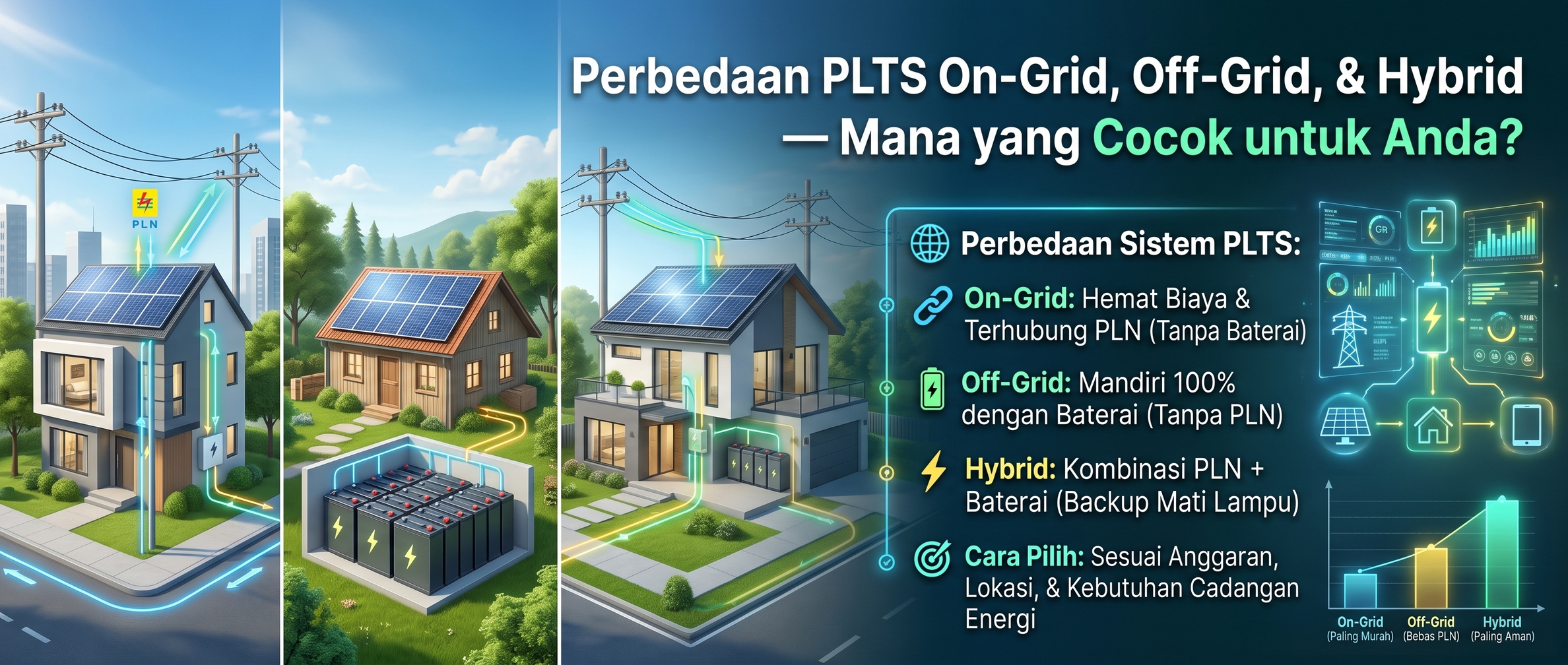 Perbedaan PLTS On-Grid, Off-Grid, dan Hybrid — Mana yang Cocok untuk Anda?