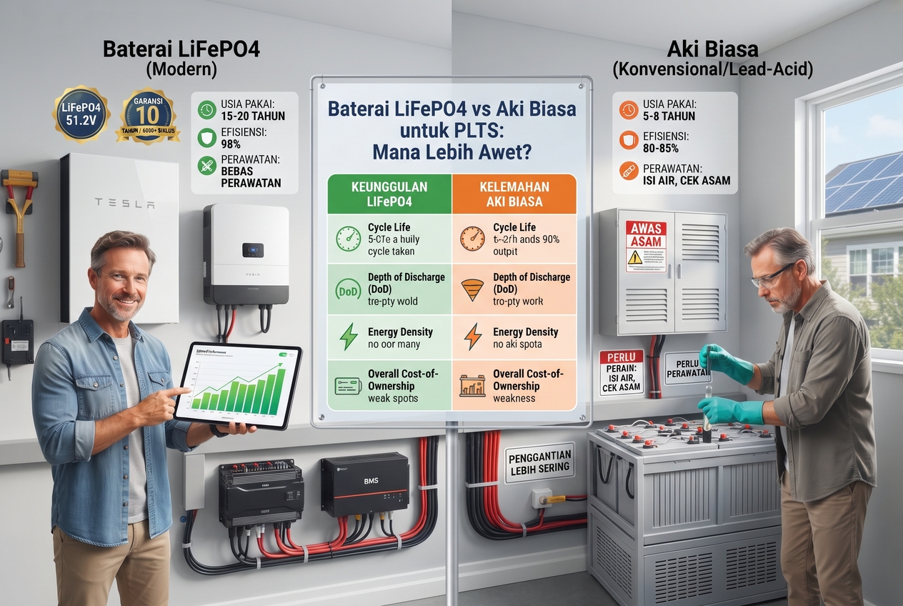 Baterai LiFePO4 vs Aki Biasa untuk PLTS: Mana Lebih Awet?